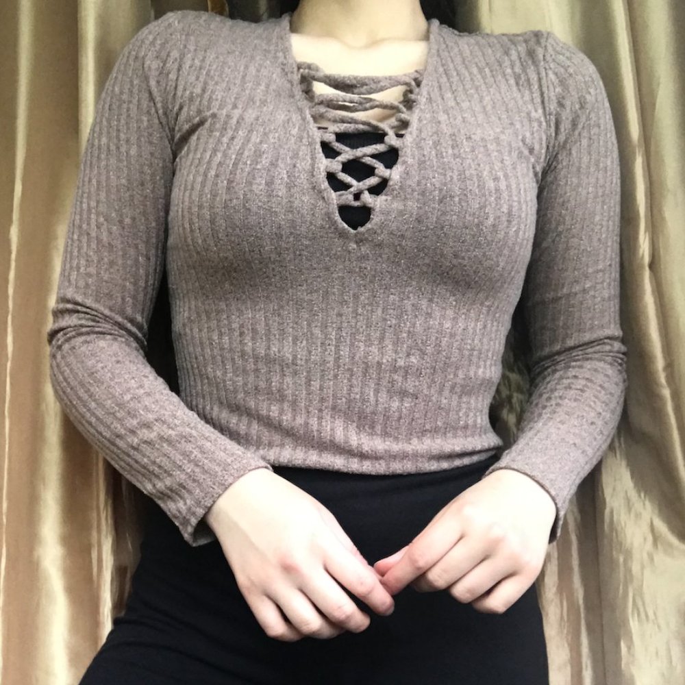 Forever 21 Marled Brown Knit V Neck Bodysuit